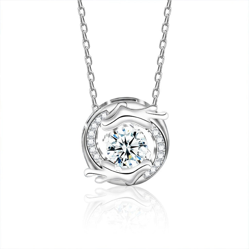 Dragon Round Moissanite Necklace with CZ in White Gold-Plated S925 sterling silver white background product photo showing dragon-inspired circular pendant with a round moissanite center and CZ accents