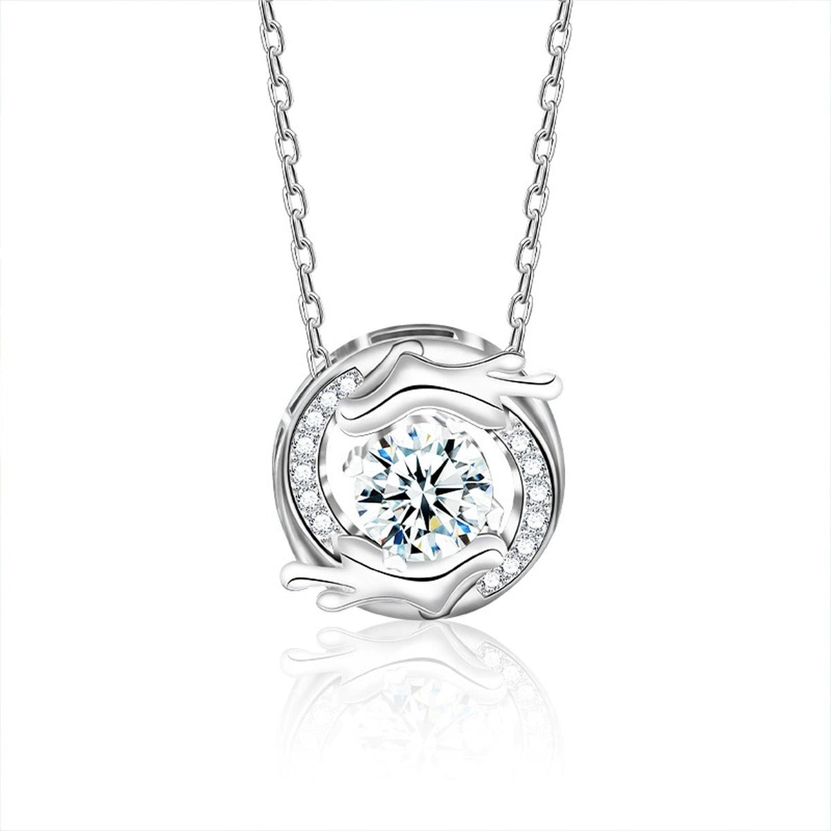 Dragon Round Moissanite Necklace with CZ in White Gold-Plated S925 sterling silver white background product photo showing dragon-inspired circular pendant with a round moissanite center and CZ accents