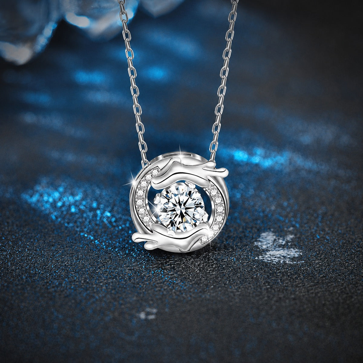 Dragon Round Moissanite Necklace with CZ in White Gold-Plated S925 sterling silver close-up product scene showing pendant setting