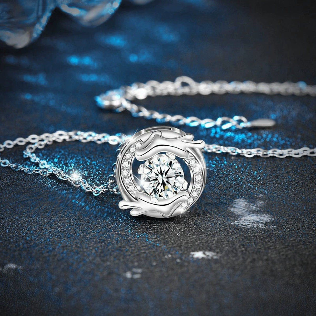 Dragon Round Moissanite Necklace with CZ in White Gold-Plated S925 sterling silver blue display scene showing chain and stone layout