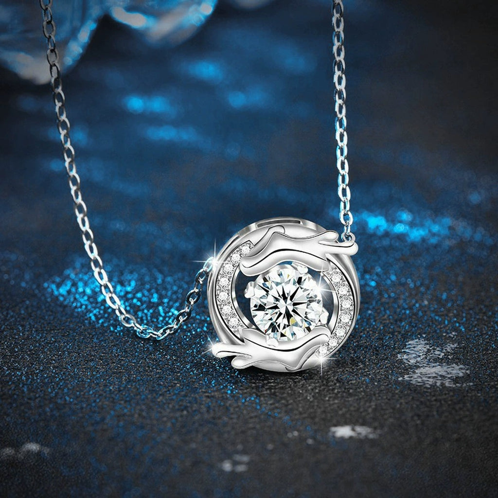 Dragon Round Moissanite Necklace with CZ in White Gold-Plated S925 sterling silver angled product detail view