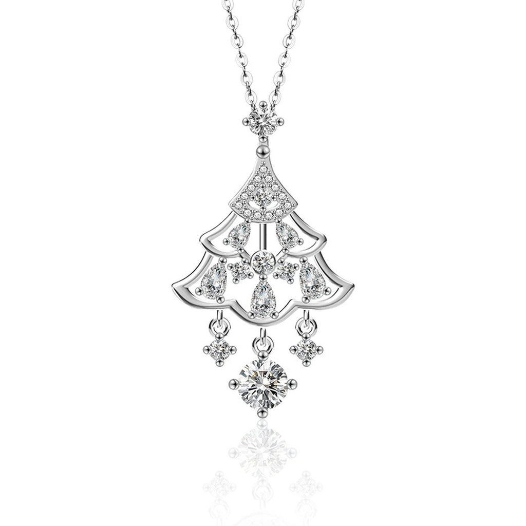 Christmas Tree Round Moissanite Necklace with CZ in White Gold-Plated S925 sterling silver white background product photo showing christmas tree pendant with a 4mm round moissanite and CZ-set branches