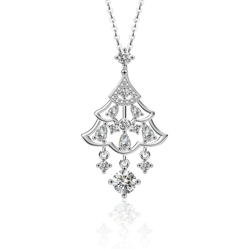 Christmas Tree Round Moissanite Necklace with CZ in White Gold-Plated S925 sterling silver white background product photo showing christmas tree pendant with a 4mm round moissanite and CZ-set branches