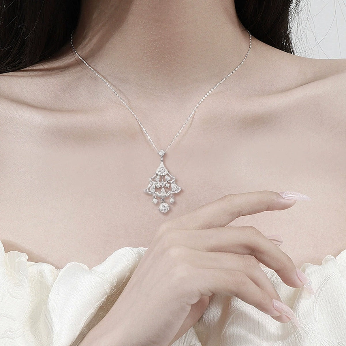 Christmas Tree Round Moissanite Necklace with CZ in White Gold-Plated S925 sterling silver neckline model view showing pendant scale and chain length