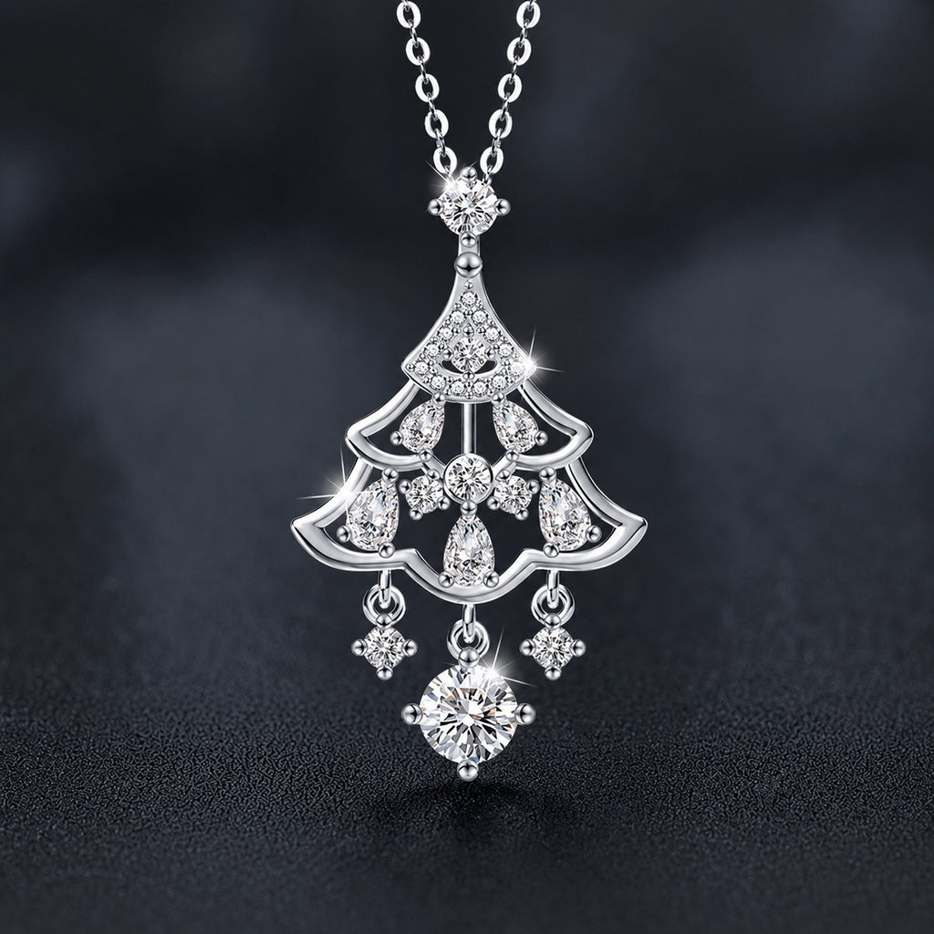 Christmas Tree Round Moissanite Necklace with CZ in White Gold-Plated S925 sterling silver close-up product scene showing pendant setting
