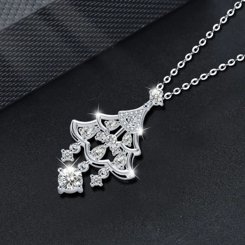 Christmas Tree Round Moissanite Necklace with CZ in White Gold-Plated S925 sterling silver blue display scene showing chain and stone layout