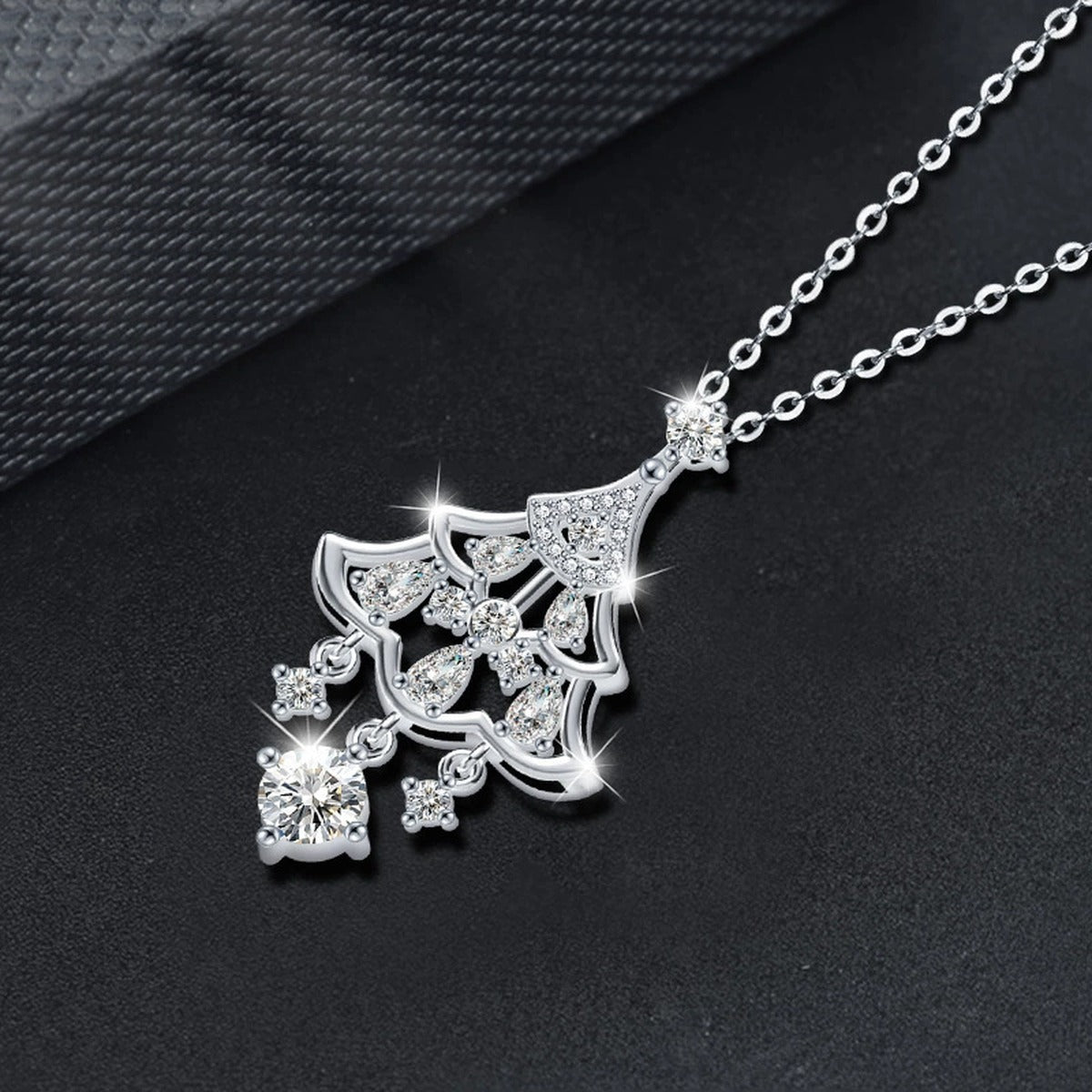 Christmas Tree Round Moissanite Necklace with CZ in White Gold-Plated S925 sterling silver blue display scene showing chain and stone layout