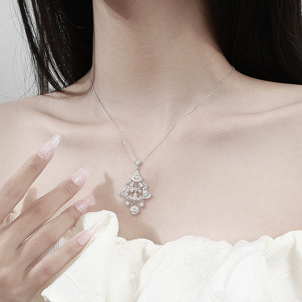 Christmas Tree Round Moissanite Necklace with CZ in White Gold-Plated S925 sterling silver angled product detail view