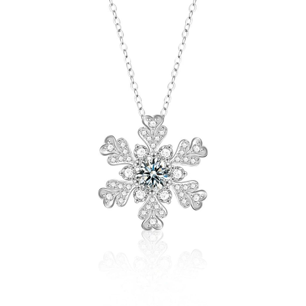 Snowflake Round Moissanite Necklace with CZ in White Gold-Plated S925 sterling silver white background product photo showing snowflake pendant with a 0.5 ct round moissanite and CZ-set icy branches