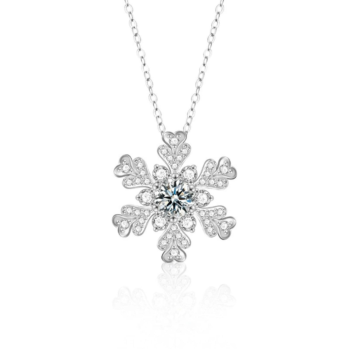 Snowflake Round Moissanite Necklace with CZ in White Gold-Plated S925 sterling silver white background product photo showing snowflake pendant with a 0.5 ct round moissanite and CZ-set icy branches
