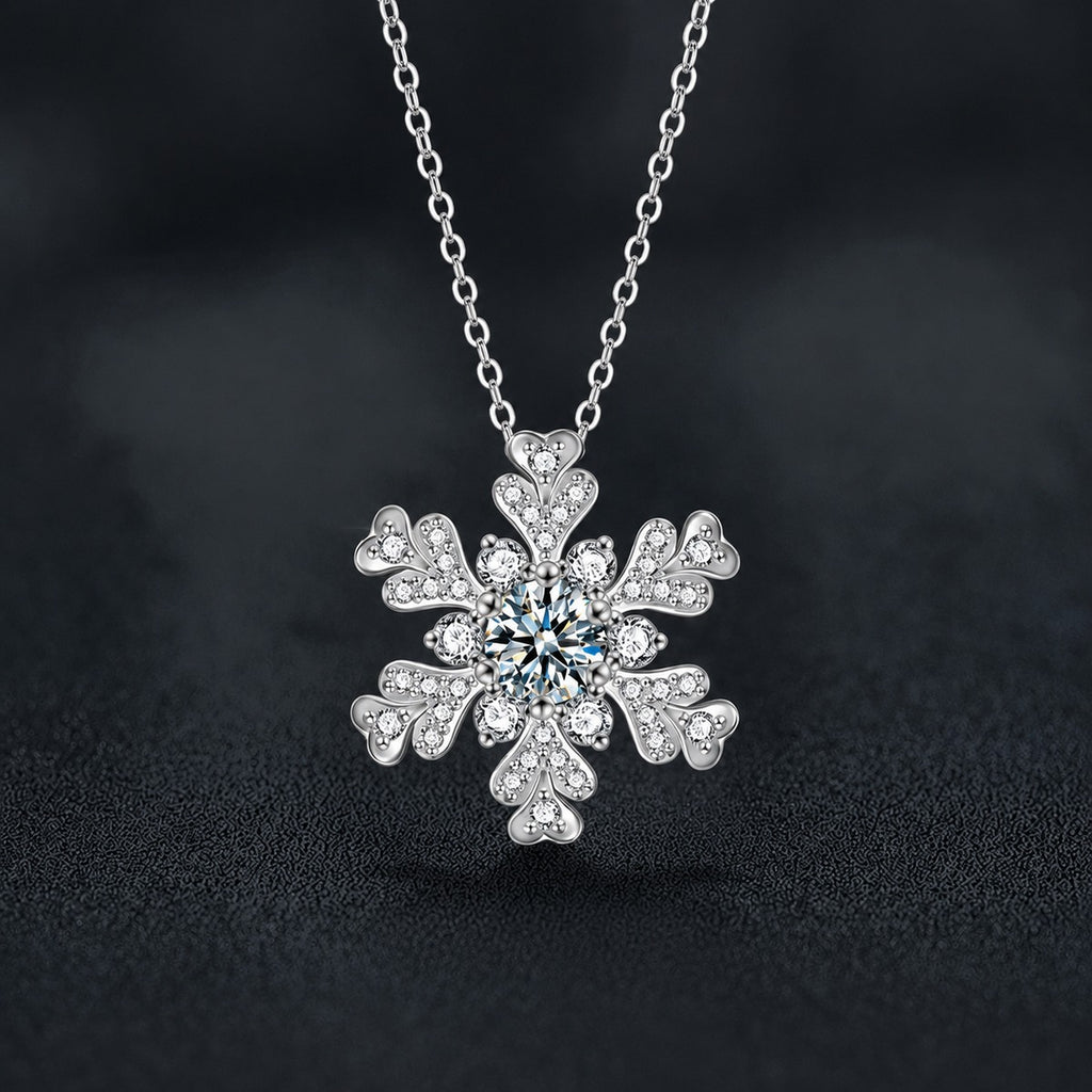 Snowflake Round Moissanite Necklace with CZ in White Gold-Plated S925 sterling silver close-up product scene showing pendant setting