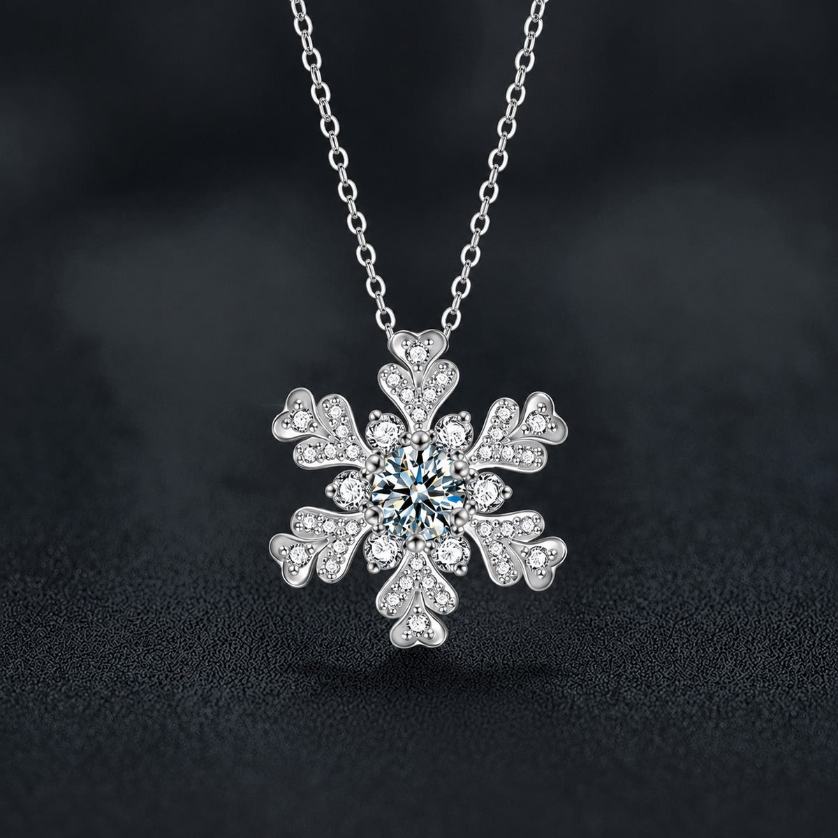 Snowflake Round Moissanite Necklace with CZ in White Gold-Plated S925 sterling silver close-up product scene showing pendant setting