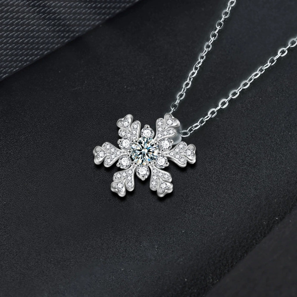 Snowflake Round Moissanite Necklace with CZ in White Gold-Plated S925 sterling silver blue display scene showing chain and stone layout