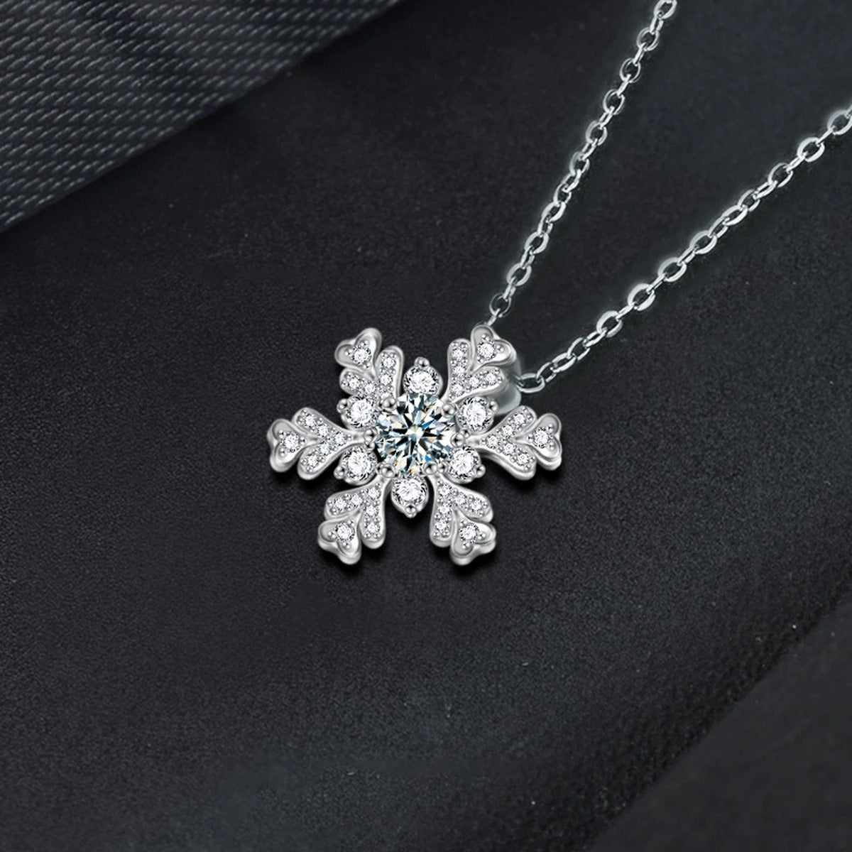 Snowflake Round Moissanite Necklace with CZ in White Gold-Plated S925 sterling silver blue display scene showing chain and stone layout