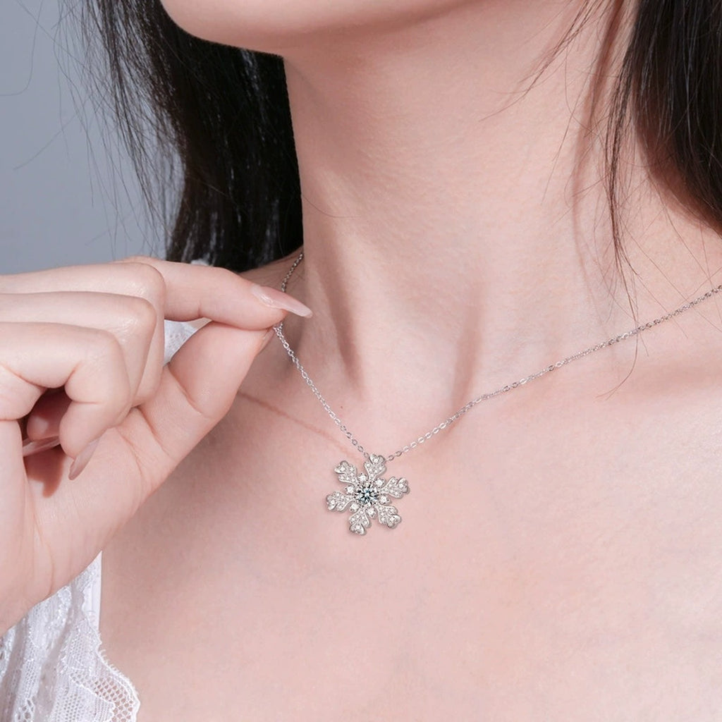 Snowflake Round Moissanite Necklace with CZ in White Gold-Plated S925 sterling silver neckline model view showing pendant scale and chain length