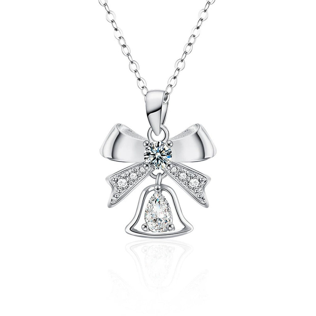 Bowknot Bell Pear Cut Moissanite Necklace with CZ in White Gold-Plated S925 sterling silver white background product photo showing bowknot and bell pendant with a 4x6mm pear-cut moissanite and CZ accents