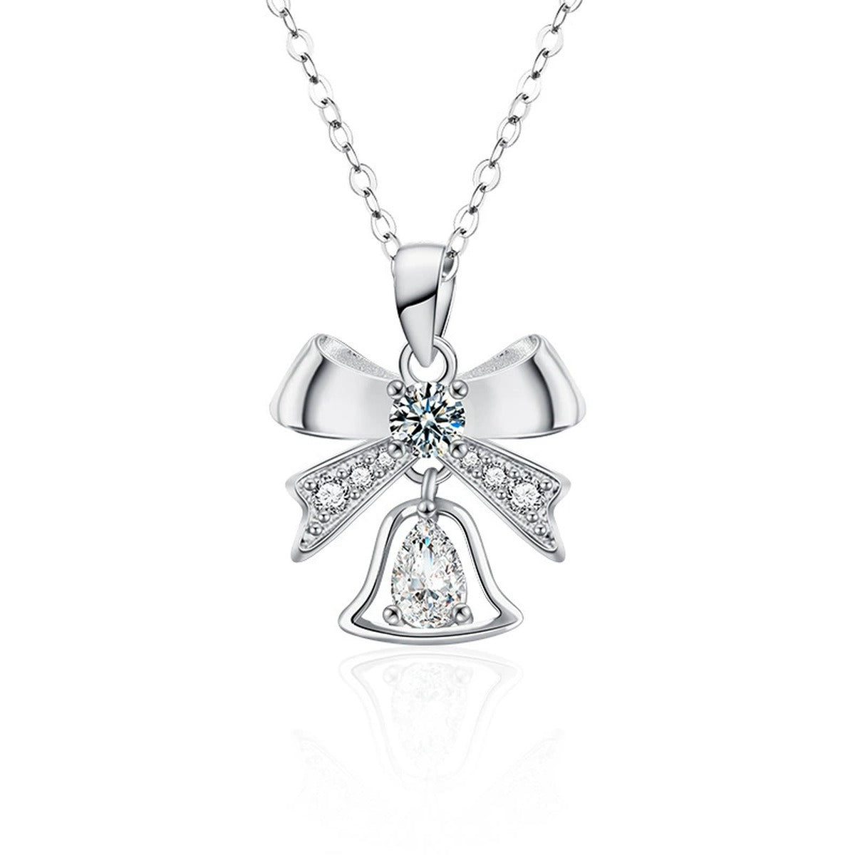 Bowknot Bell Pear Cut Moissanite Necklace with CZ in White Gold-Plated S925 sterling silver white background product photo showing bowknot and bell pendant with a 4x6mm pear-cut moissanite and CZ accents