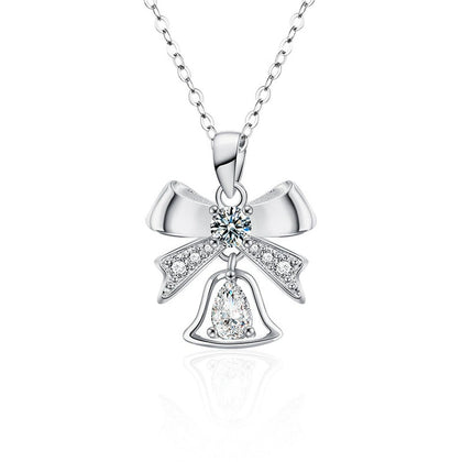 Bowknot Bell Pear Cut Moissanite Necklace with CZ in White Gold-Plated S925 sterling silver white background product photo showing bowknot and bell pendant with a 4x6mm pear-cut moissanite and CZ accents