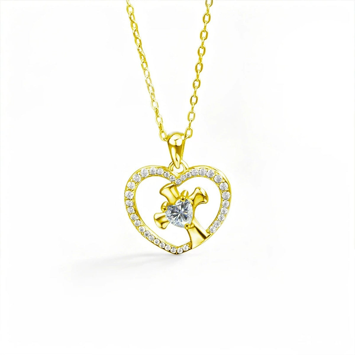 Heart Cross Moissanite Necklace with CZ in Gold-Plated S925 sterling silver white background front product view showing open heart pendant framing a cross and heart-cut moissanite
