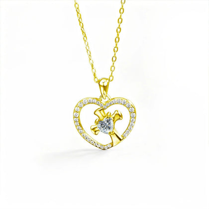 Heart Cross Moissanite Necklace with CZ in Gold-Plated S925 sterling silver white background front product view showing open heart pendant framing a cross and heart-cut moissanite