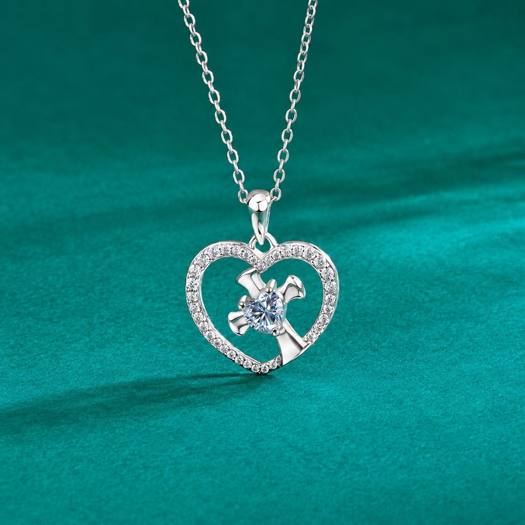 Heart Cross Moissanite Necklace with CZ in Gold-Plated S925 sterling silver close-up styled product scene showing pendant setting