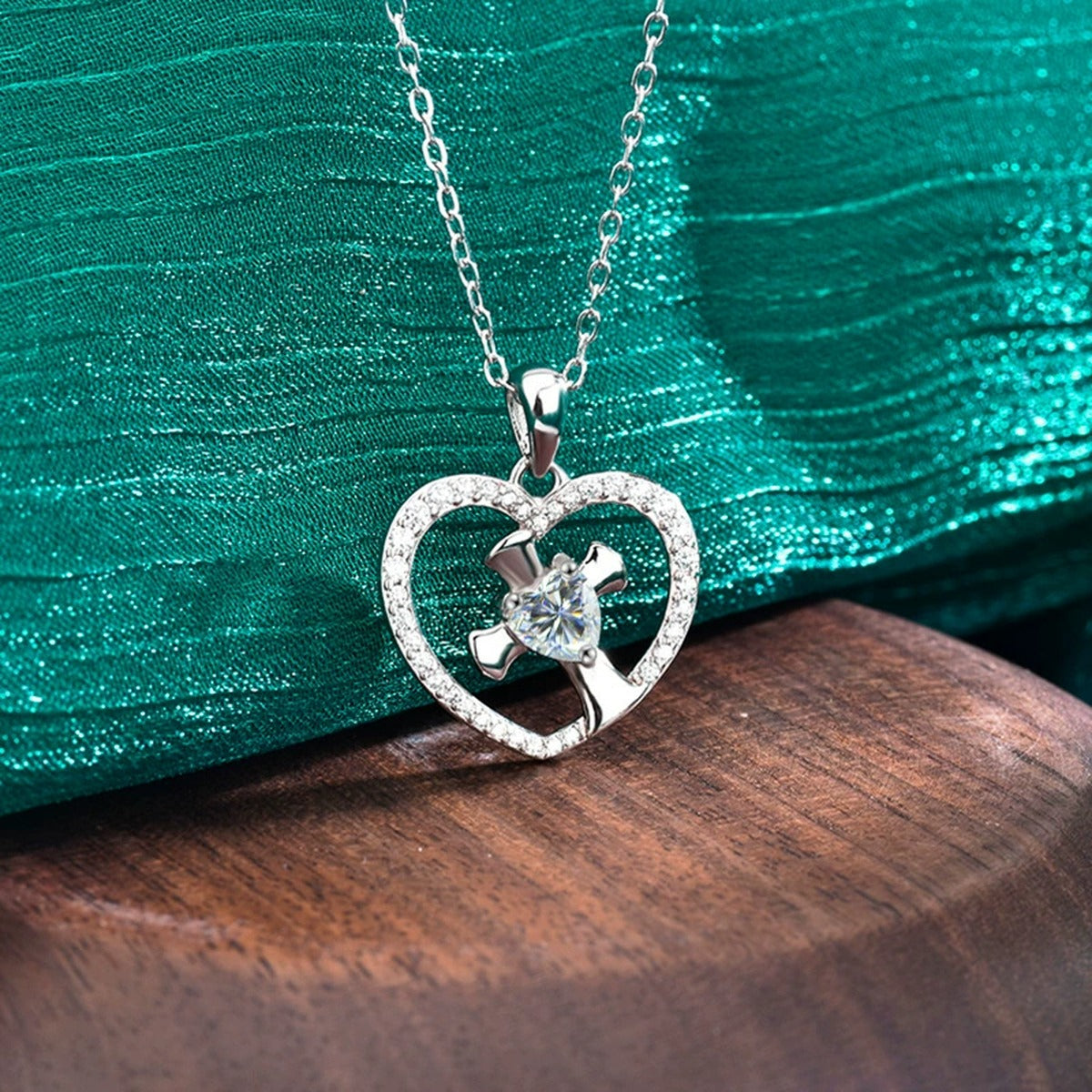 Heart Cross Moissanite Necklace with CZ in Gold-Plated S925 sterling silver display scene showing chain and stone layout