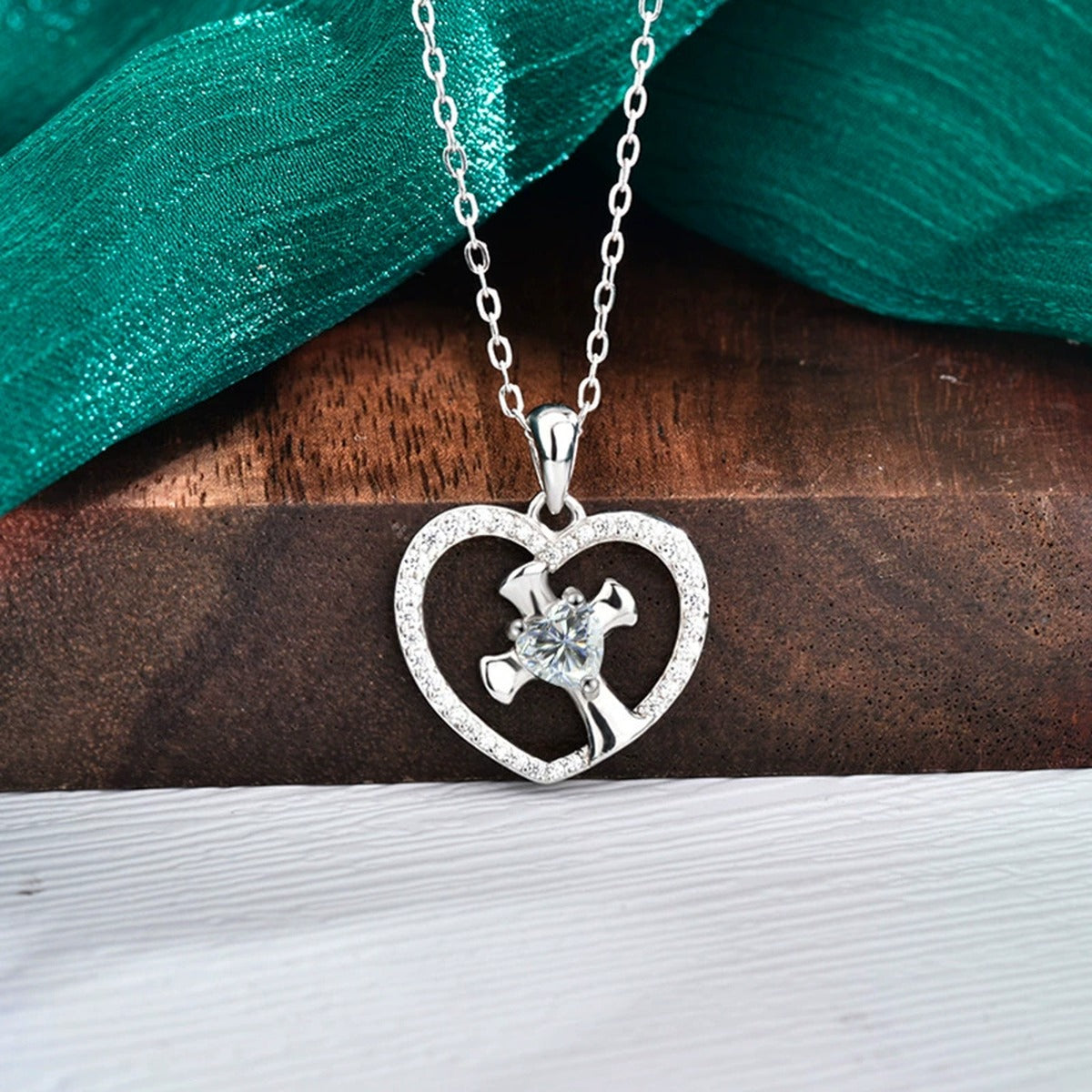 Heart Cross Moissanite Necklace with CZ in Gold-Plated S925 sterling silver angled product detail view