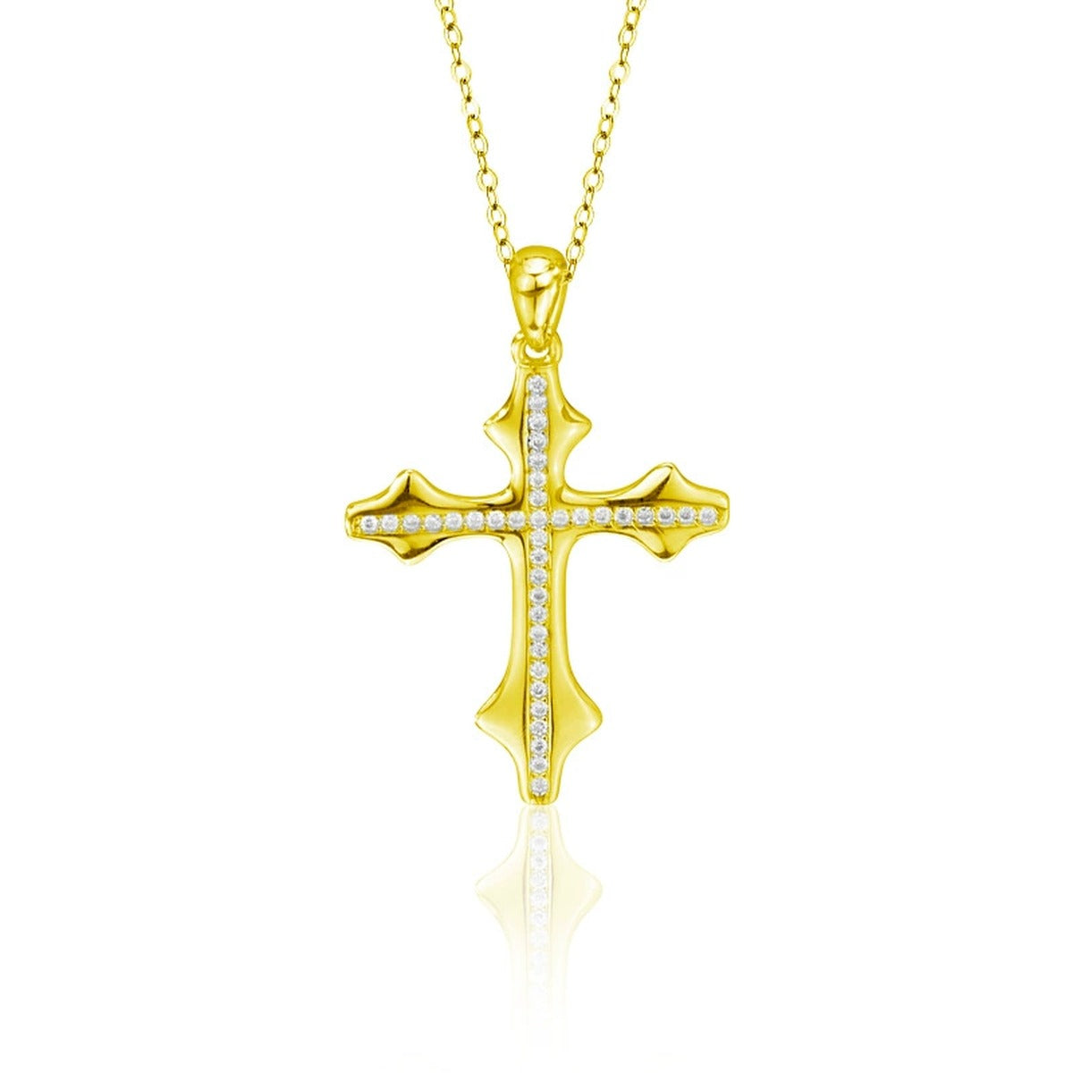 Cross Pave Moissanite Necklace in Gold-Plated S925 sterling silver white background front product view showing sculpted cross pendant traced with 38 small round moissanite stones