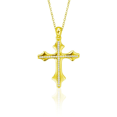 Cross Pave Moissanite Necklace in Gold-Plated S925 sterling silver white background front product view showing sculpted cross pendant traced with 38 small round moissanite stones
