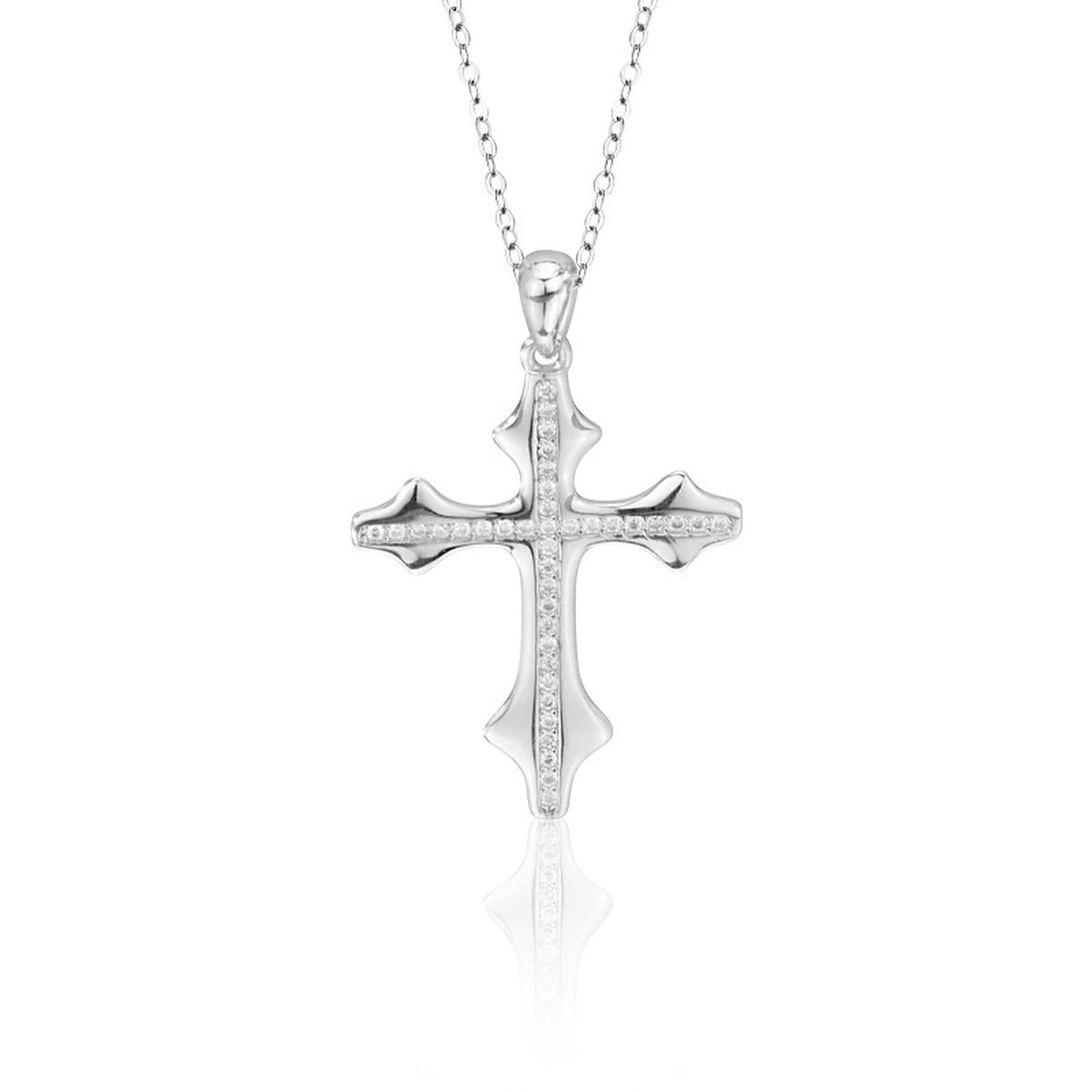 Cross Pave Moissanite Necklace in Gold-Plated S925 sterling silver alternate metal color white background product view showing sculpted cross pendant traced with 38 small round moissanite stones