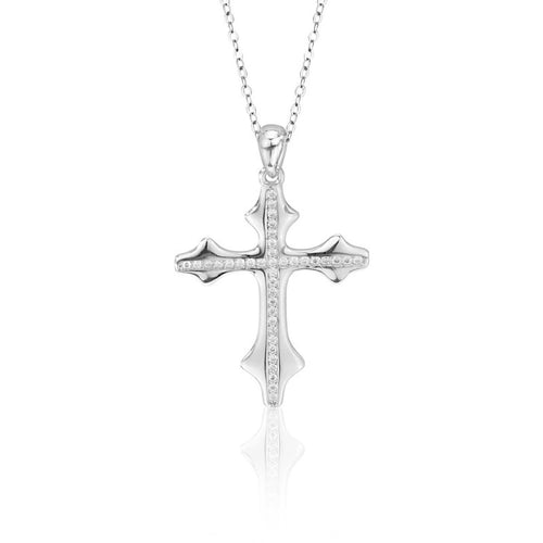 Cross Pave Moissanite Necklace in Gold-Plated S925 sterling silver alternate metal color white background product view showing sculpted cross pendant traced with 38 small round moissanite stones