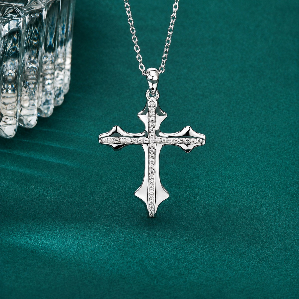 Cross Pave Moissanite Necklace in Gold-Plated S925 sterling silver close-up styled product scene showing pendant setting