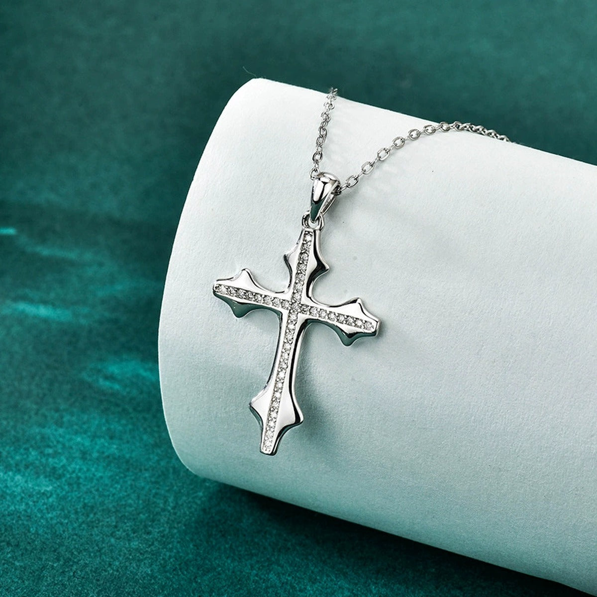 Cross Pave Moissanite Necklace in Gold-Plated S925 sterling silver display scene showing chain and stone layout