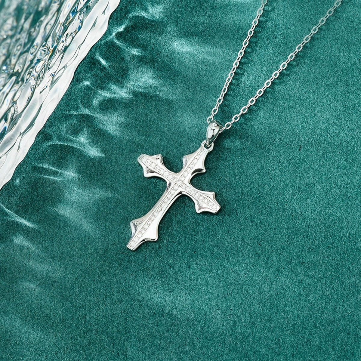 Cross Pave Moissanite Necklace in Gold-Plated S925 sterling silver angled product detail view