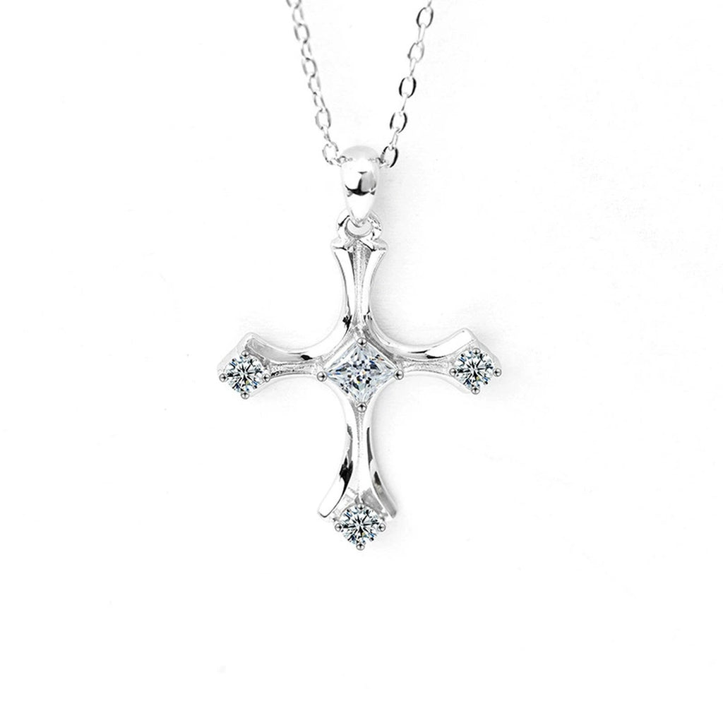 Princess Cut Cross Moissanite Necklace with CZ in White Gold-Plated S925 sterling silver white background front product view showing sweeping cross pendant centered with a princess-cut moissanite and CZ accents