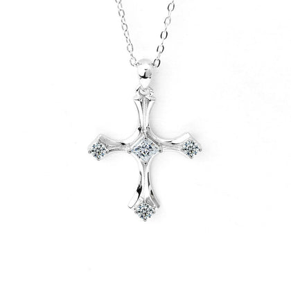 Princess Cut Cross Moissanite Necklace with CZ in White Gold-Plated S925 sterling silver white background front product view showing sweeping cross pendant centered with a princess-cut moissanite and CZ accents