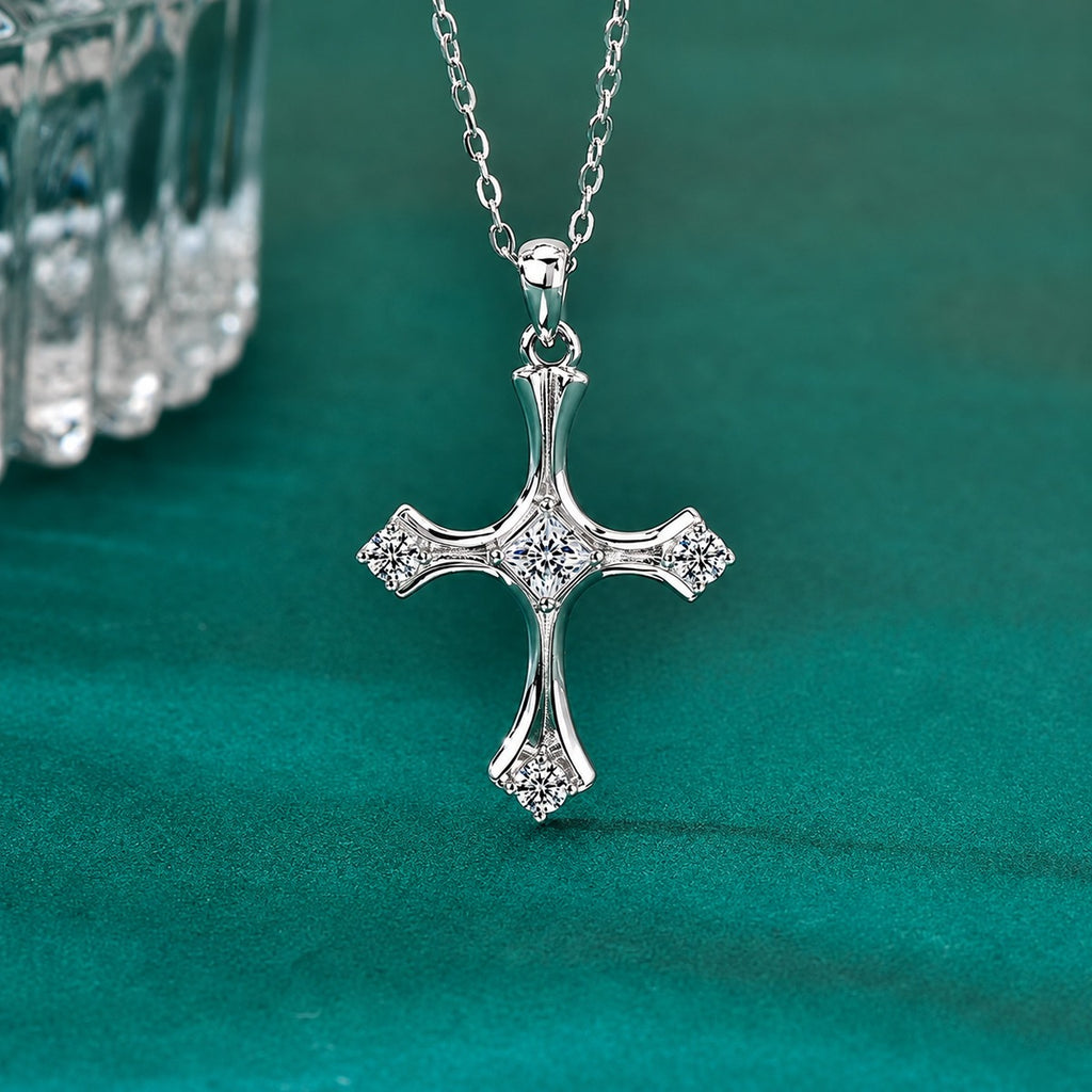 Princess Cut Cross Moissanite Necklace with CZ in White Gold-Plated S925 sterling silver close-up styled product scene showing pendant setting