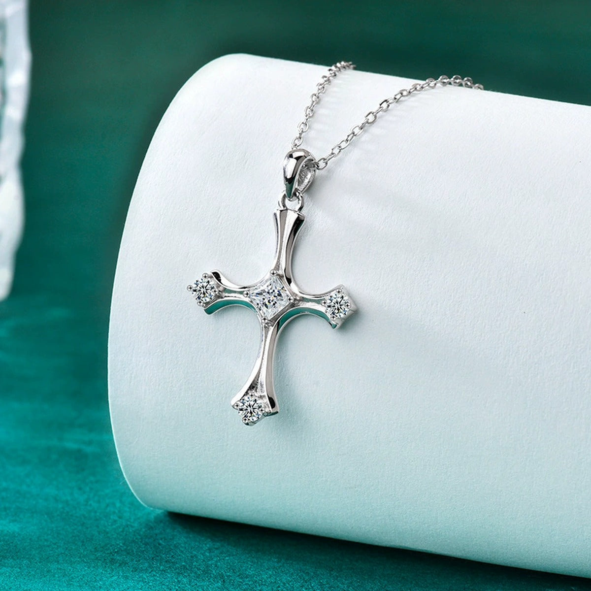 Princess Cut Cross Moissanite Necklace with CZ in White Gold-Plated S925 sterling silver display scene showing chain and stone layout