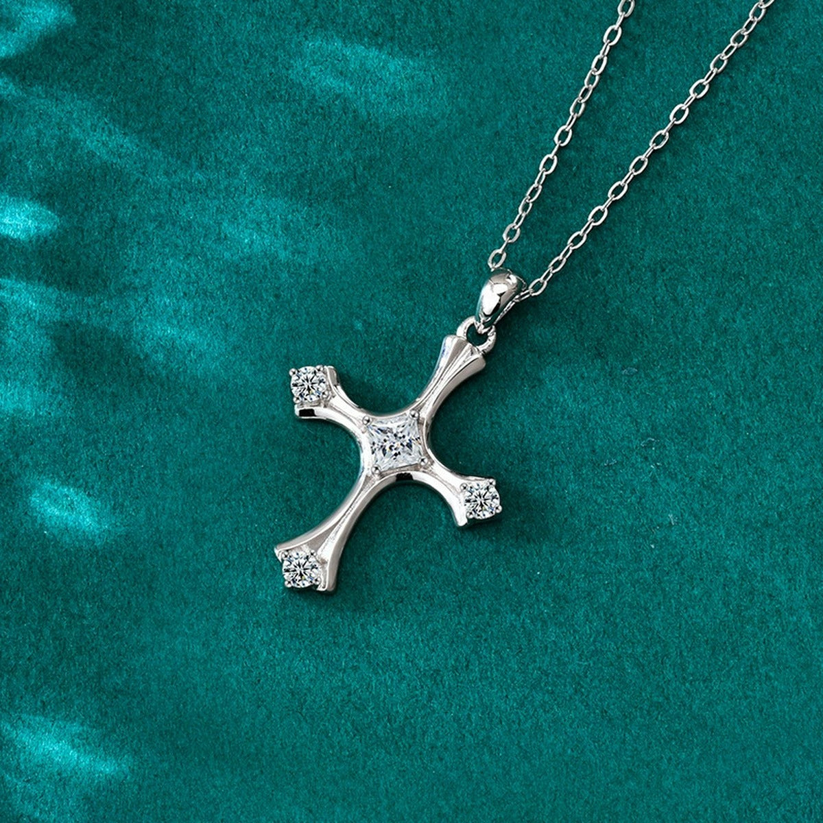 Princess Cut Cross Moissanite Necklace with CZ in White Gold-Plated S925 sterling silver angled product detail view