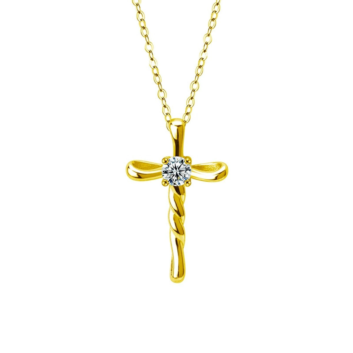 Cross Round Moissanite Necklace in Gold-Plated S925 sterling silver white background front product view showing clean cross pendant centered with a round moissanite