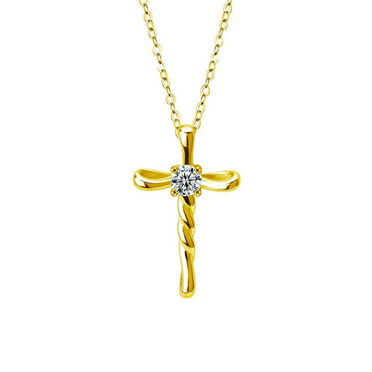 Cross Round Moissanite Necklace in Gold-Plated S925 sterling silver white background front product view showing clean cross pendant centered with a round moissanite