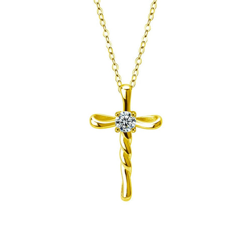 Cross Round Moissanite Necklace in Gold-Plated S925 sterling silver white background front product view showing clean cross pendant centered with a round moissanite