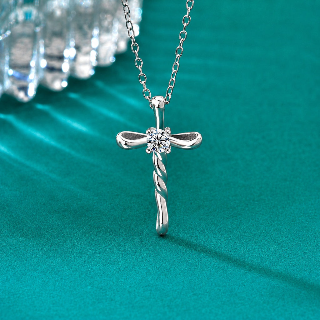 Cross Round Moissanite Necklace in Gold-Plated S925 sterling silver close-up styled product scene showing pendant setting