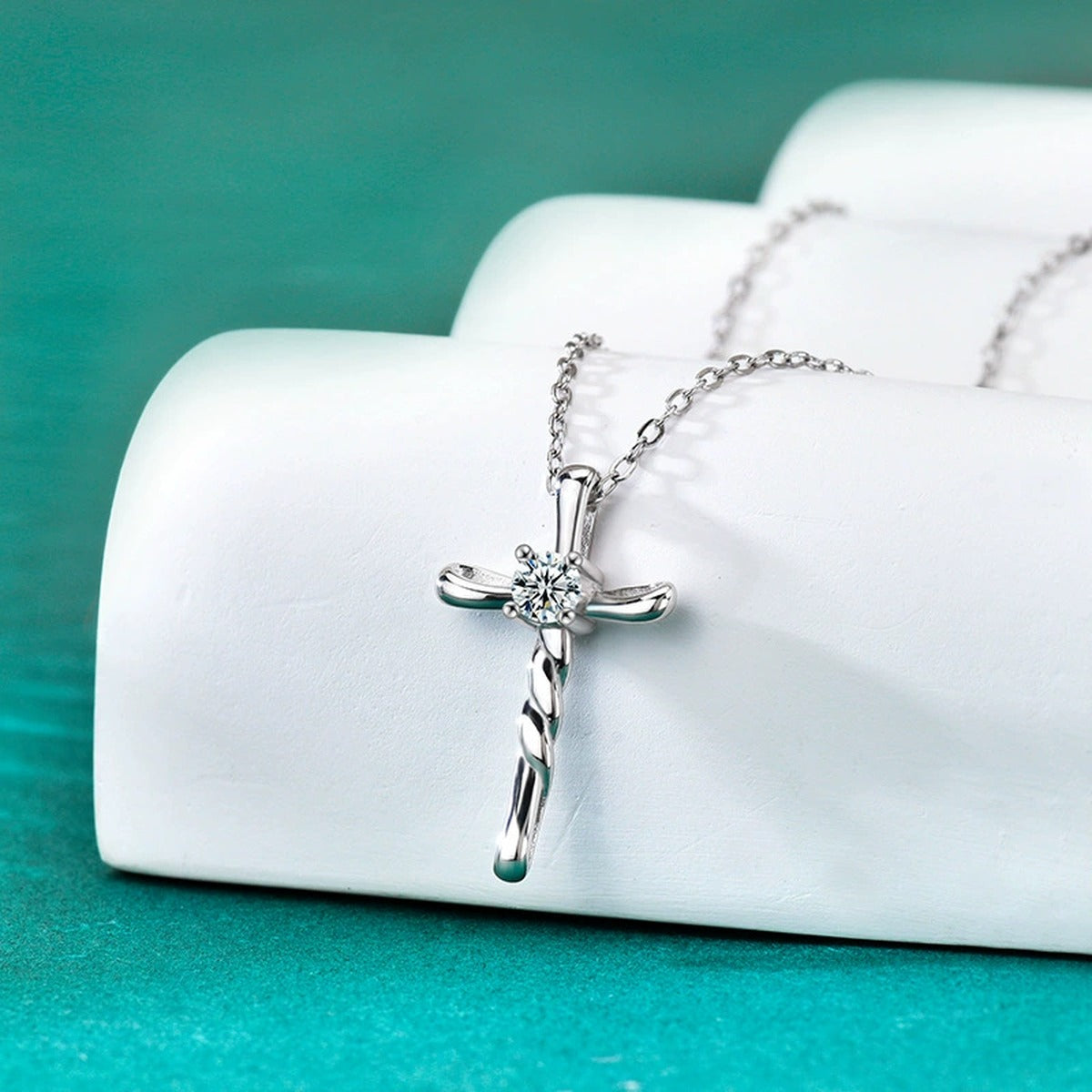 Cross Round Moissanite Necklace in Gold-Plated S925 sterling silver display scene showing chain and stone layout
