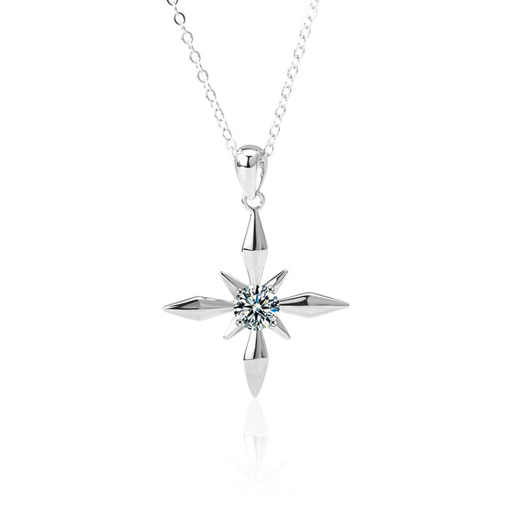 Four-Point Star Round Moissanite Necklace in Gold-Plated S925 sterling silver white background product photo showing four-point star pendant with a 0.5 ct round moissanite center