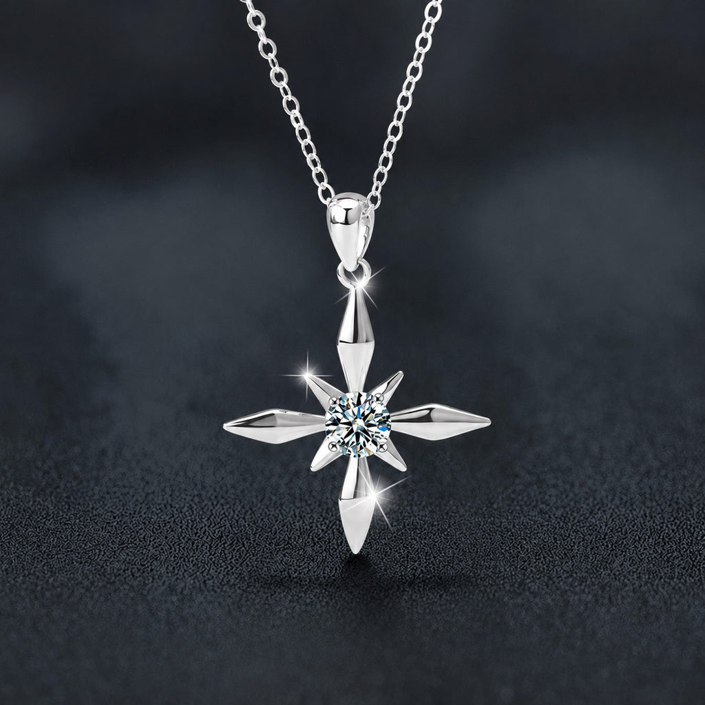 Four-Point Star Round Moissanite Necklace in Gold-Plated S925 sterling silver close-up product scene showing pendant setting