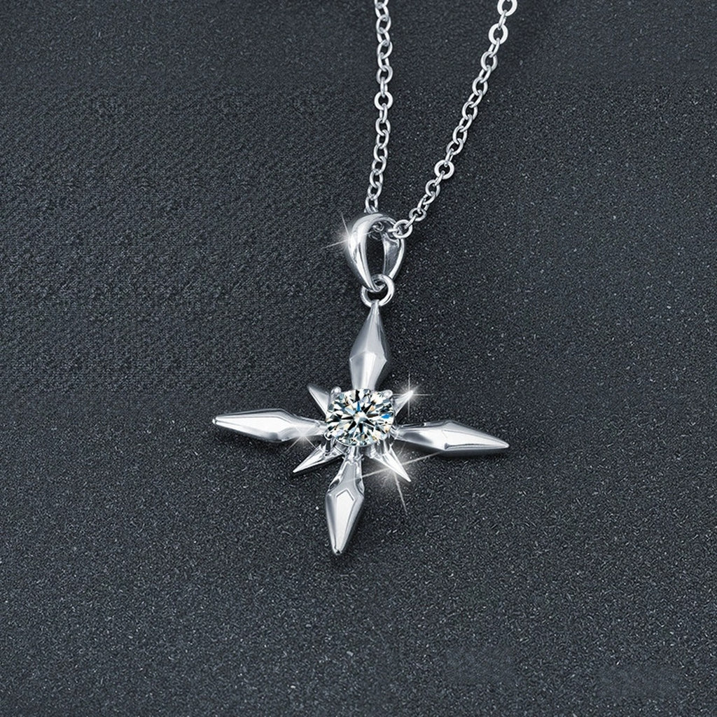 Four-Point Star Round Moissanite Necklace in Gold-Plated S925 sterling silver blue display scene showing chain and stone layout