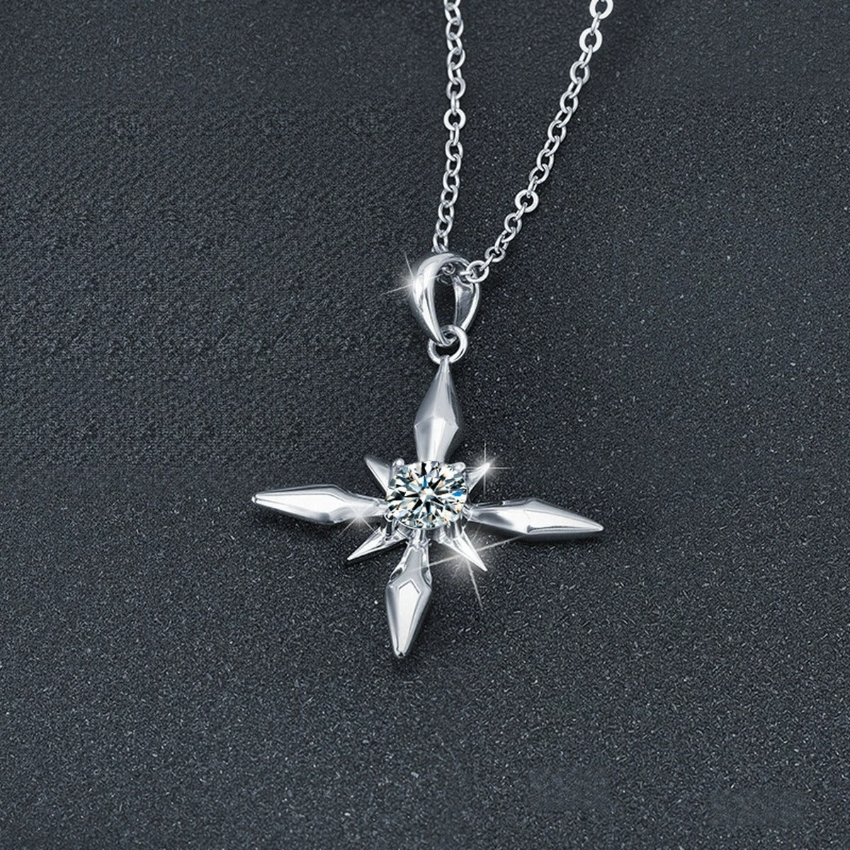 Four-Point Star Round Moissanite Necklace in Gold-Plated S925 sterling silver blue display scene showing chain and stone layout