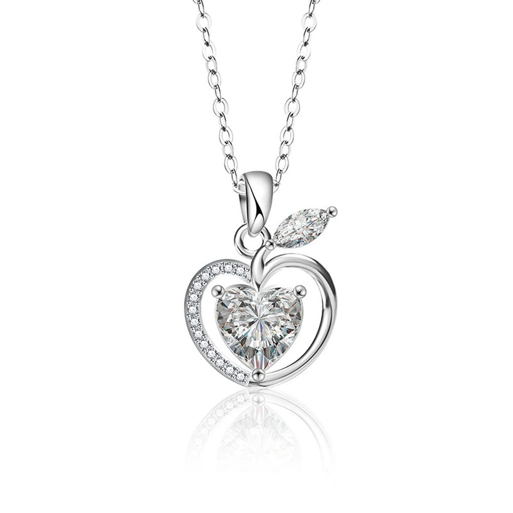 Apple Heart Cut Moissanite Necklace with CZ in White Gold-Plated S925 sterling silver white background product photo showing apple and heart pendant with a 2 ct heart-cut moissanite and CZ accents