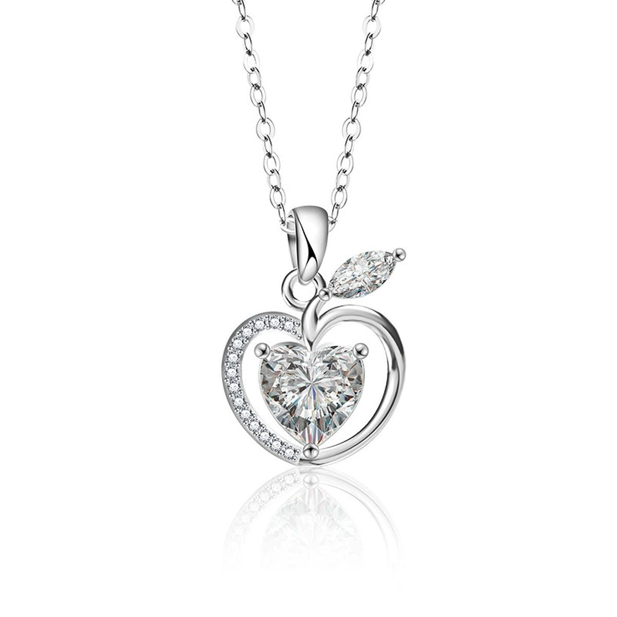 Apple Heart Cut Moissanite Necklace with CZ in White Gold-Plated S925 sterling silver white background product photo showing apple and heart pendant with a 2 ct heart-cut moissanite and CZ accents
